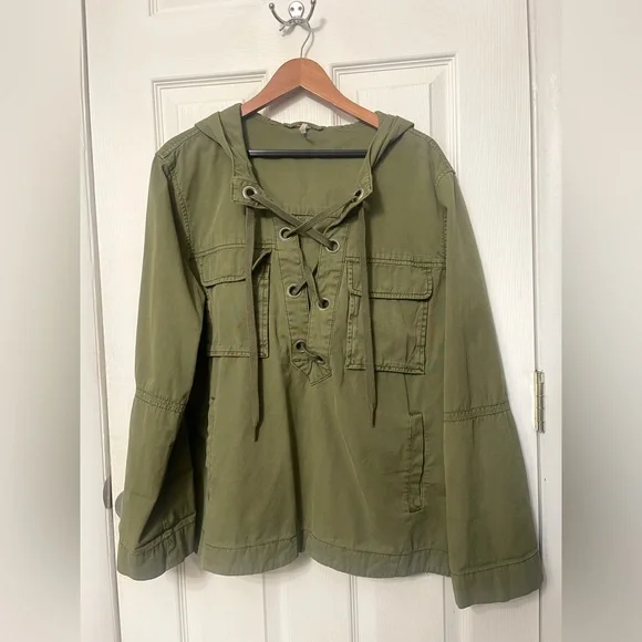 Free People Safari 100% Cotton Army Green Pullover Jacket $198 Retail Size L - Picture 8 of 13